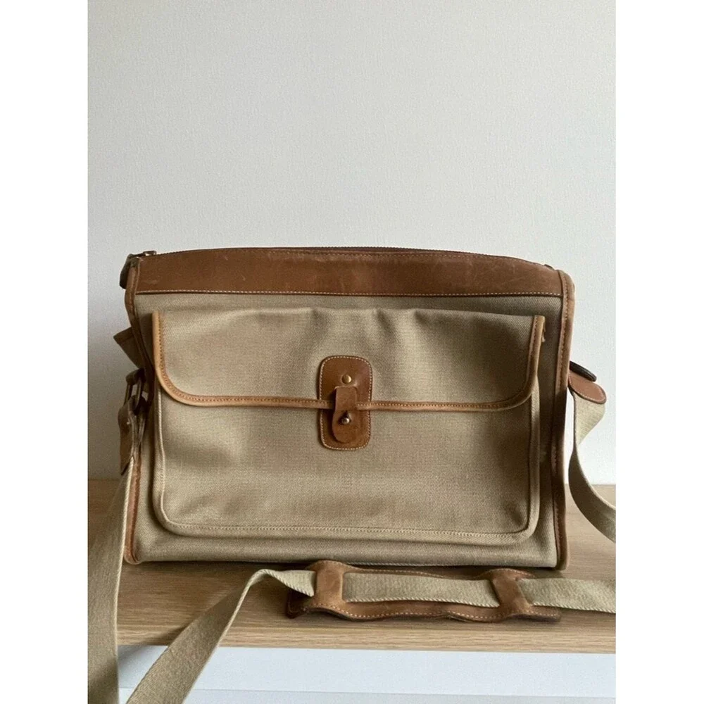 Brahmin x Sperry canvas vintage messenger laptop bag beige brown leather trim